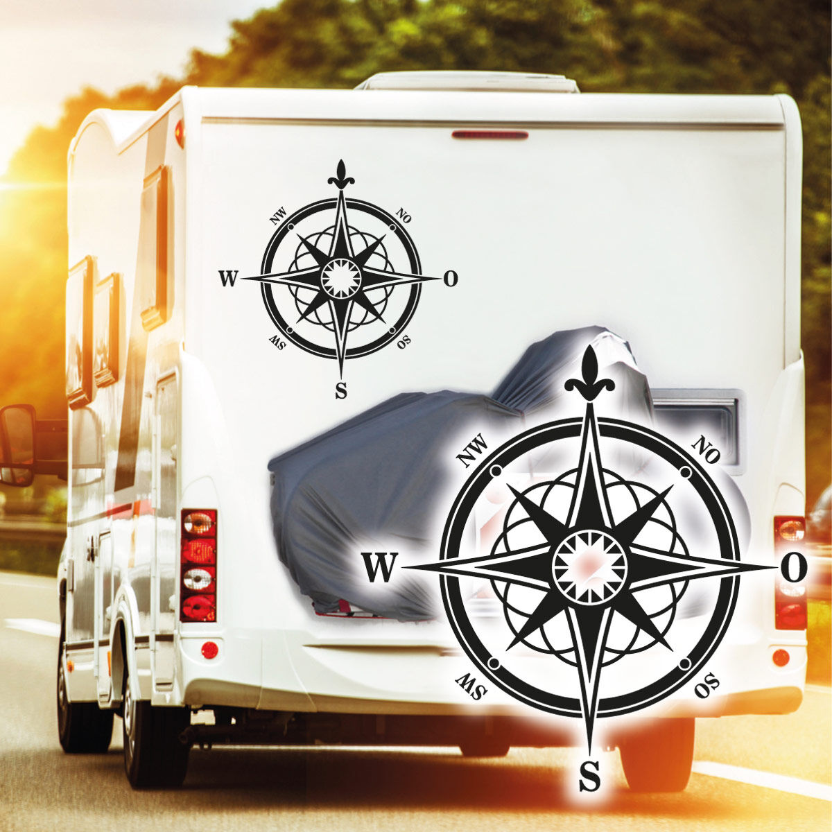 2 Stück Kompass Aufkleber Transparent - Windrose Design Für Wohnmobil Camper Offroad