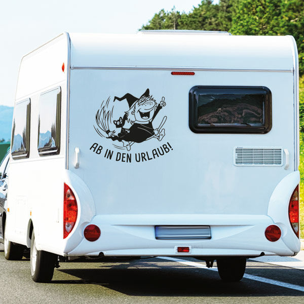 Wohnmobil Aufkleber Hexe Katze Ab in den Urlaub