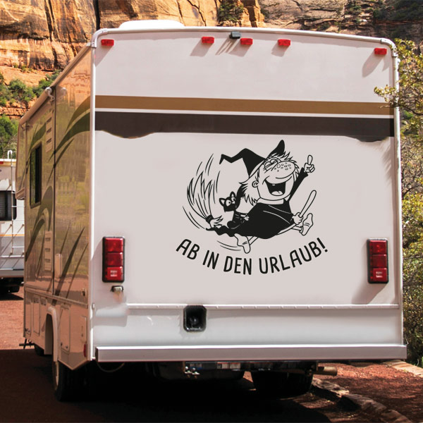 Wohnmobil Aufkleber Hexe Katze Ab in den Urlaub