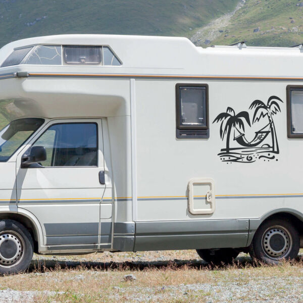 Aufkleber Wohnmobil Strand Palmen Hängematte