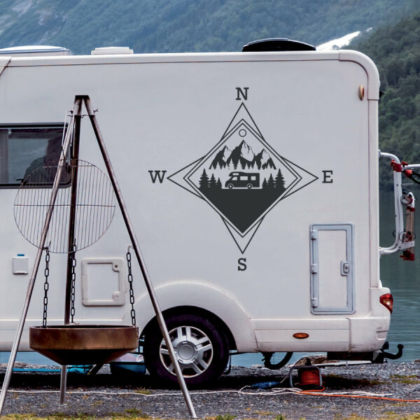 Aufkleber Wohnmobil Kompass Berge Wald Camping