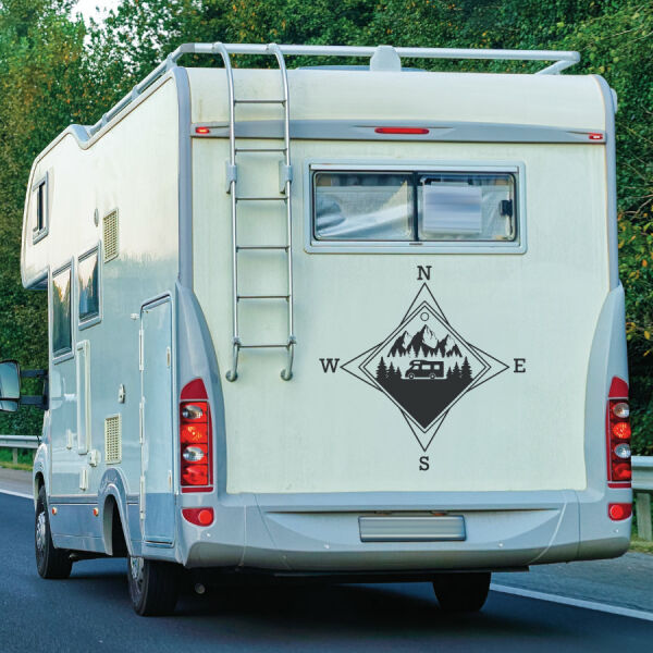 Aufkleber Wohnmobil Kompass Berge Wald Camping