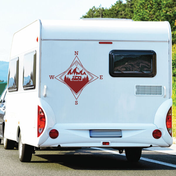 Aufkleber Wohnmobil Kompass Berge Wald Camping