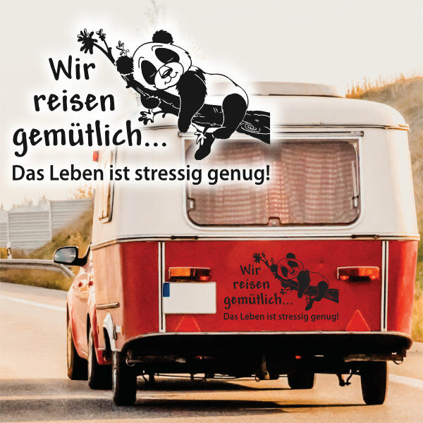 Aufkleber Wohnmobil Panda Wir reisen gemütlich